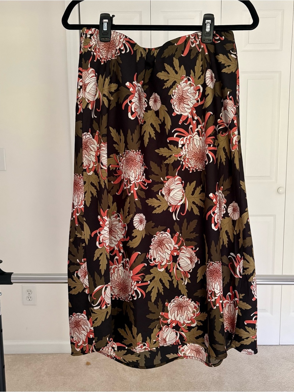 Adrianna Papell Black Floral A-Line Midi Skirt with Olive and Coral Accents